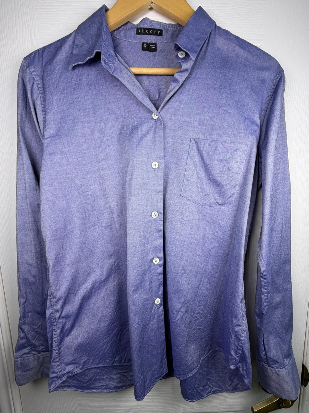 Theory Grey Blue Cotton Button-Down Shirt Women's M Quiet Luxury Minimalist Work